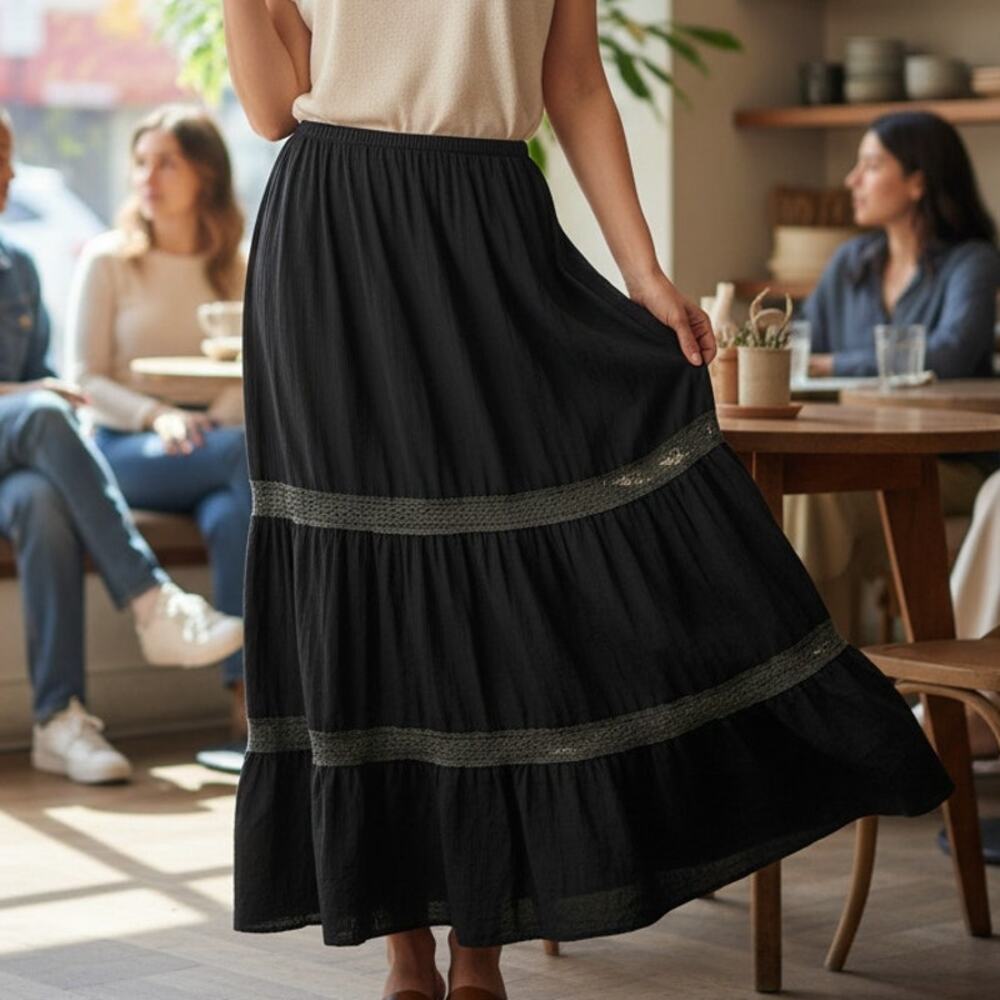 Kommotion NY Women's Size S Black Maxi Skirt Tiered Embroidered Lace Cotton